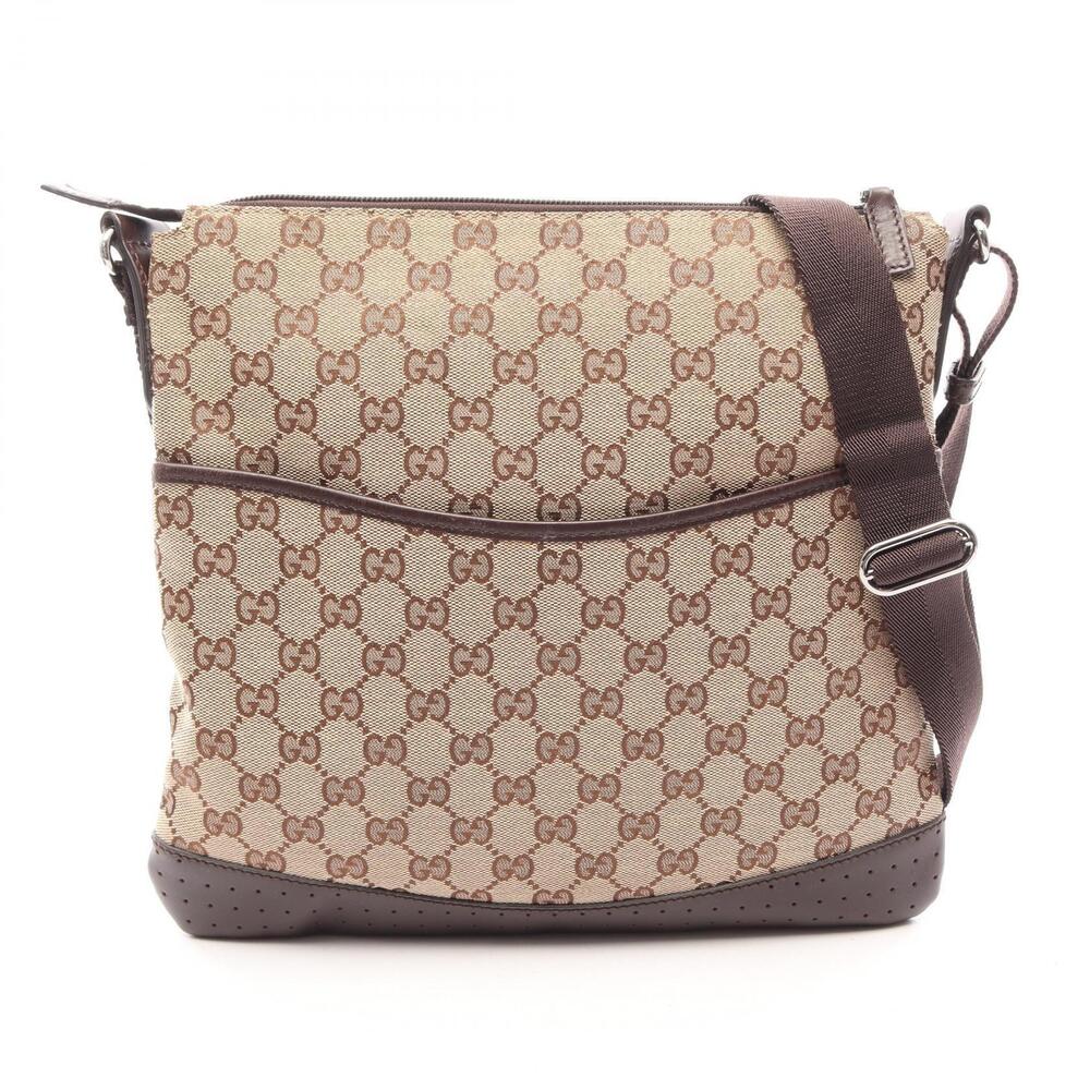 Gucci GG Canvas Shoulder Bag Leather Beige Cream Brown
